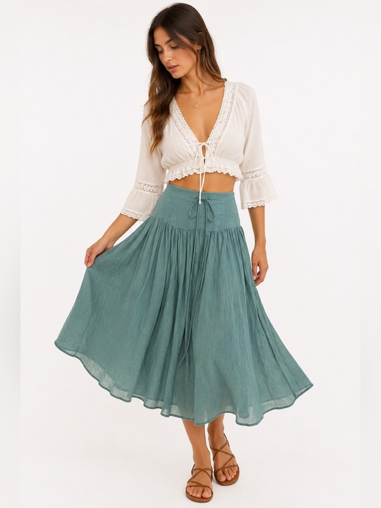 Moon River Dresses & Skirts - MOON RIVER Gauze Boho Midi Skirt Teal Green Cottagecore Prairie Peasant Small
